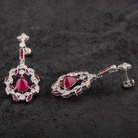 Pre-Owned 14ct White Gold Cabochon Cut Ruby & Brilliant Cut Diamond Openwork Fancy Dropper Earrings 4317058