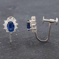 Pre-Owned Platinum Oval Cut Sapphire & Brilliant Cut Diamond Screw Fittings 8mm Stud Earrings 43171112