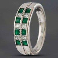 Pre-Owned Platinum 0.51ct Emerald & 0.41ct Princess Cut Diamond Two Row Ring 433715727