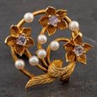 Pre-Owned Vintage 9ct Yellow Gold Amethyst & Cultured Pearl Flower Brooch 41131022