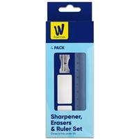 Sharpener, Erasers & Ruler Set - Pack Of 4 - Works Essentials - Back To School Stationery - Stationery Set- Stationery Supplies