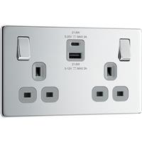 BG Screwless Flatplate Polished 13A Power Socket With USB A+C 22W 2 Gang in Chrome Plastic