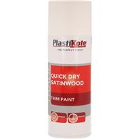 Plastikote Quick Dry Satinwood Spray Paint 400ml in White Plastic