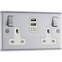 BG Brushed Steel USB 13A White Insert Switched Socket 2 Gang + 2 USB (3.1A) in Silver Stainless Steel