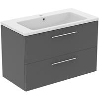 Ideal Standard i. life B Double Drawer Wall Hung Unit with Basin Matt 1000mm with Brushed Chrome Handles in Quartz Grey