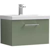 Nuie Arno Single Drawer Wall Hung Vanity Unit Satin 600mm With Standard Basin in Green MFC