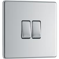 BG Screwless Flat Plate Polished Light Switch 2 Gang 2 Way 20A-16AX in Chrome Steel