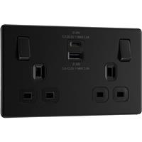 BG Screwless Flatplate Matt 13A Switched Socket With USB A+C (22W 2 Gang) in Black Plastic