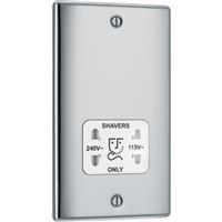 BG Nexus Metal Polished Dual Voltage 115/240V Shaver Socket 2 Gang Vertical in Chrome Plastic