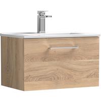 Nuie Arno Single Drawer Wall Hung Vanity Unit Bleached 600mm With Minimalist Basin in Oak MFC
