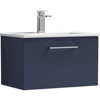 Nuie Arno Single Drawer Wall Hung Vanity Unit Midnight 600mm With Minimalist Basin in Blue MFC