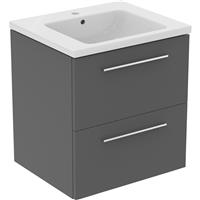 Ideal Standard i. life B Double Drawer Wall Hung Unit with Basin Matt 600mm with Brushed Chrome Handles in Quartz Grey