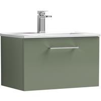 Nuie Arno Single Drawer Wall Hung Vanity Unit Satin 600mm With Minimalist Basin in Green MFC