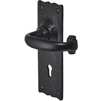 Old Hill Ironworks Burford Suite Door Handles 158mm x 55mm Lock (Pair) in Black Cast Iron