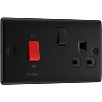 BG Nexus Metal Matt 45A Cooker Switch & 13A DP Switched Socket 2 Gang + Neons CCU in Black Plastic