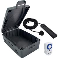 Masterplug IP54 Weatherproof Enclosure Lead & Timer 4 Gang 8m in Grey Plastic