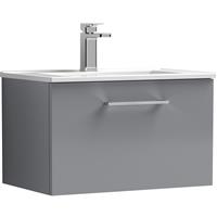 Nuie Arno Single Drawer Wall Hung Vanity Unit Satin 600mm With Minimalist Basin in Grey MFC