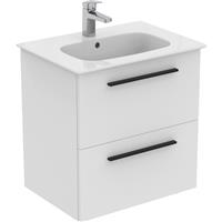 Ideal Standard i. life A Double Drawer Wall Hung Vanity Unit with Basin Matt 600mm with Matt Black Handles in White