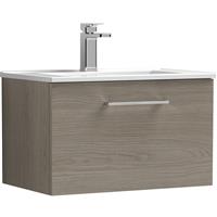 Nuie Arno Single Drawer Wall Hung Vanity Unit Solace 600mm With Minimalist Basin in Oak MFC