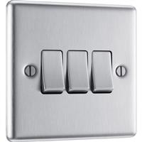 BG Brushed Steel Switch 3 Gang 2 Way 10A in Silver Stainless Steel
