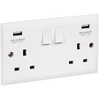 Axiom 13A Low Profile USB Switched Socket 2 Gang + 2 USB in White Plastic