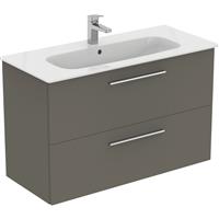 Ideal Standard i. life A Double Drawer Wall Hung Vanity Unit with Basin Matt 1000mm with Brushed Chrome Handles in Quartz Grey
