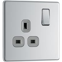 BG Screwless Flat Plate Polished 13A DP Switched Socket 1 Gang in Chrome Steel