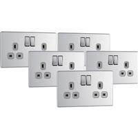 BG Screwless Flat Plate Brushed Stainless Steel 13A DP Switched Socket 2 Gang Trade Pack (5 Pack) in Chrome