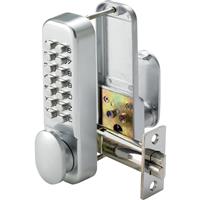 Securefast Push-Button Lock with Holdback Satin Chrome in Silver