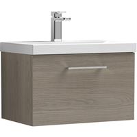 Nuie Arno Single Drawer Wall Hung Vanity Unit Solace 600mm With Standard Basin in Oak MFC