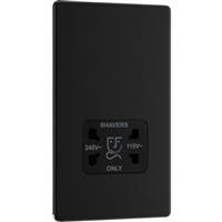 BG Screwless Flatplate Matt Dual Voltage 115/240V Shaver Socket 2 Gang Vertical in Black Plastic