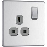 BG Screwless Flat Plate Brushed Stainless Steel 13A DP Switched Socket 1 Gang in Silver