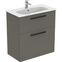 Ideal Standard i. life A Double Drawer Floor Standing Vanity Unit with Basin Matt 800mm with Matt Black Handles in Quartz Grey