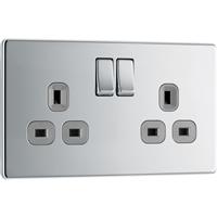 BG Screwless Flat Plate Polished 13A DP Switched Socket 2 Gang in Chrome Steel