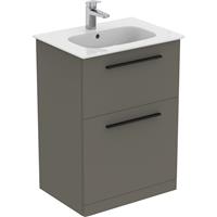 Ideal Standard i. life A Double Drawer Floor Standing Vanity Unit with Basin Matt 600mm with Matt Black Handles in Quartz Grey