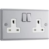 BG Brushed Steel 13A DP White Insert Switched Socket 2 Gang in Silver Stainless Steel