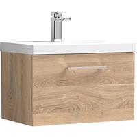 Nuie Arno Single Drawer Wall Hung Vanity Unit Bleached 600mm With Standard Basin in Oak MFC