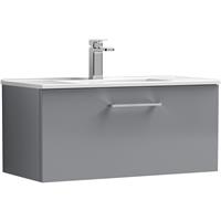 Nuie Arno Single Drawer Wall Hung Vanity Unit Satin 800mm With Minimalist Basin in Grey MFC