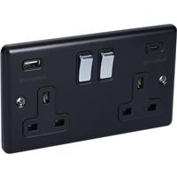 Wessex Electrical Wessex Matt Polished Chrome USB A & C Type Switched Socket 2 Gang 3.1A in Black Steel