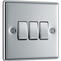 BG Polished Switch 3 Gang 2 Way 10A in Chrome Steel