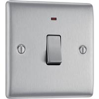 BG Nexus Metal Brushed Steel 20A Double Pole Switch 1 Gang + Neon in Silver Plastic