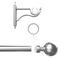 Rothley Curtain Pole Kit with Solid Orb Finials & Rings Brushed Stainless Steel 25mm x 1219mm in Silver Steel/Stainless Steel