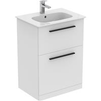 Ideal Standard i. life A Double Drawer Floor Standing Vanity Unit with Basin Matt 600mm with Matt Black Handles in White