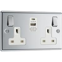 BG Polished 13A Switched Socket + A & C Type USB 2 Gang + 2 USB (4.2A) in Chrome Plastic