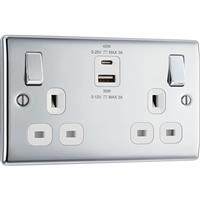 BG Nexus Metal Polished Switched Socket With USB A+C 45W 2 Gang (13A) in Chrome Plastic