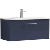 Nuie Arno Single Drawer Wall Hung Vanity Unit Midnight 800mm With Minimalist Basin in Blue MFC