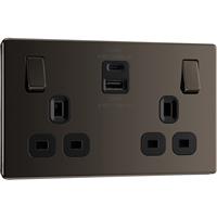 BG Screwless Flatplate 13A Power Socket With USB A+C 22W 2 Gang in Black Nickel Plastic