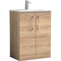 Nuie Arno Double Door Floor Standing Vanity Unit Bleached 600mm With Minimalist Basin in Oak MFC