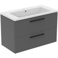 Ideal Standard i. life B Double Drawer Wall Hung Unit with Basin Matt 1000mm with Matt Black Handles in Quartz Grey