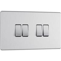 BG Screwless Flat Plate Brushed Stainless Steel Light Switch 4 Gang 2 Way 20A-16AX in Silver